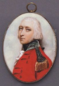 A Young Officer In Scarlet Coat With Gold-embroidered Blue Collar And Gold Epaulettes, Gold Buttons Loop, Frilled White Cravat And Black Stock, Powdered Hair En Queue