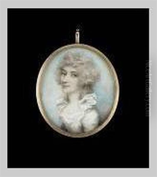 Lady Wearing Decollete White Dress With Frilled Standing Collar, Her Hair Powdered - view 1