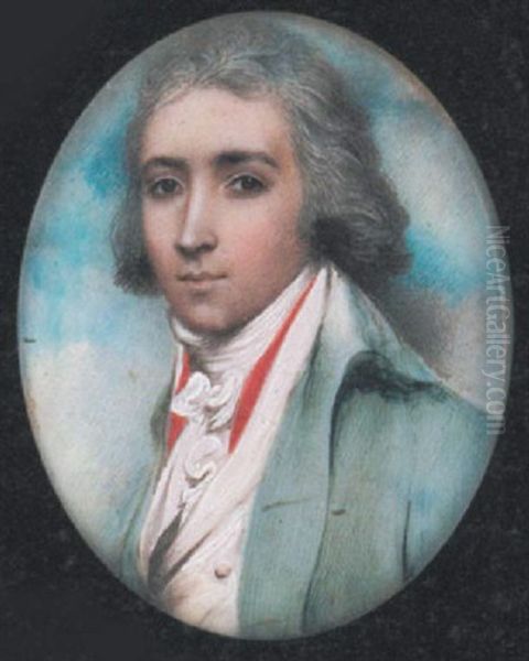 A Young Handsome Gentleman Wearing Pale Green Coat, White Waistcoat, Frilled Cravat And Red Scarf, His Hair Powdered - view 1