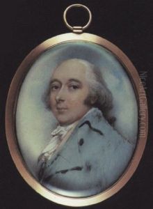 A Gentleman Wearing Pale Turquoise Coat, Pink Waistcoat And Tied White Cravat, His Powdered Hair En Queue by Andrew Plimer