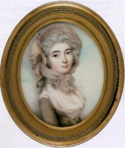 Portrait Of A Lady, In Light Brown Dress With White Fichu, A Wide-brimmed Straw Bonnet by Andrew Plimer