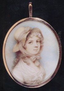 A Lady, In White Dress With Tied Fichu, A Straw Hat Tied With Light Brown Ribbon On Her Curled And Powdered Hair