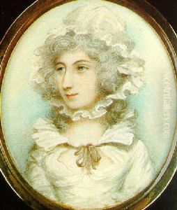 A Young Lady Wearing White Dress With Ruff Collar Tied With Brown Bow And Matching White Bonnet