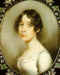 A Portrait Of A Young Lady With Short Brown Hair, Wearing White Dress With Lace Collar