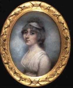 A Lady With Powdered And Curled Hair Bound By A Bandeau,    Wearing A White Gown, Sky Background