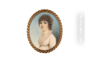 Portrait Miniature Of A Lady In White Dress With Frilled Neckline And Blue Ribbon Waistband by Nathaniel Plimer