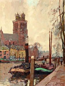 Boten In De Haven Bij De Grote Kerk Te Dordrecht