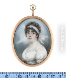 A Lady, Wearing White Dress, A White Bandeau Tied At The Back Of Her Dark Curled Hair