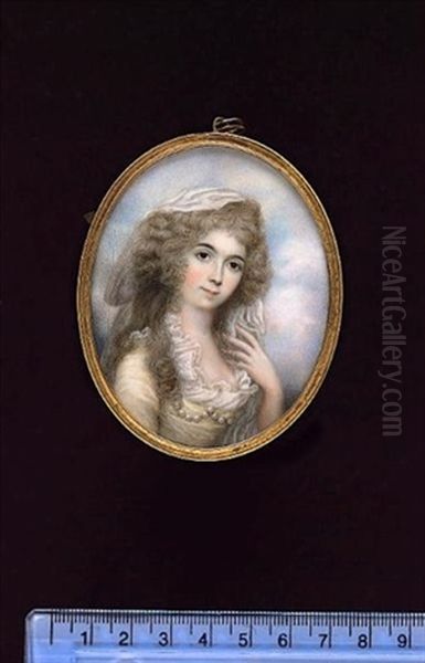 A Lady, Wearing Yellow Dress With Frilled White Trim And Pearls Across Her Chest, White Veil In Her Powdered Hair, Her Left Hand Raised To Her Veil - view 1