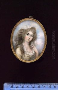 A Lady, Wearing Yellow Dress With Frilled White Trim And Pearls Across Her Chest, White Veil In Her Powdered Hair, Her Left Hand Raised To Her Veil