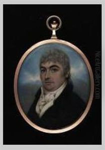 A Gentleman, Wearing Blue Coat With Black Collar, Striped White Waistcoat, Tied Stock And Frilled Cravat
