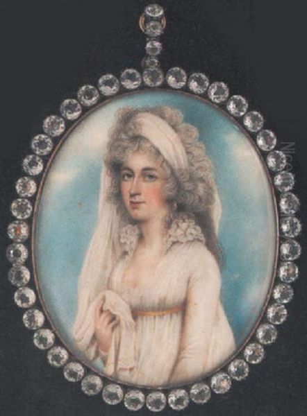 A Lady Wearing Decollete White Dress With Frilled Collar And Yellow Ribbon, Drop Earring And Long White Veil Falling Over Her Shoulder And Held In Her Right Hand by Nathaniel Plimer