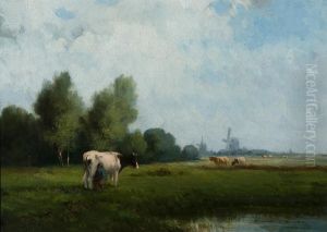 Milking Farmer In Meadow by Hermanus Charles Christiaan Bogman