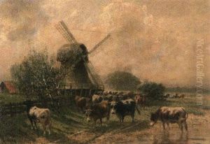 Niederrhreinlandschaft Mit Vieh And Der Tranke