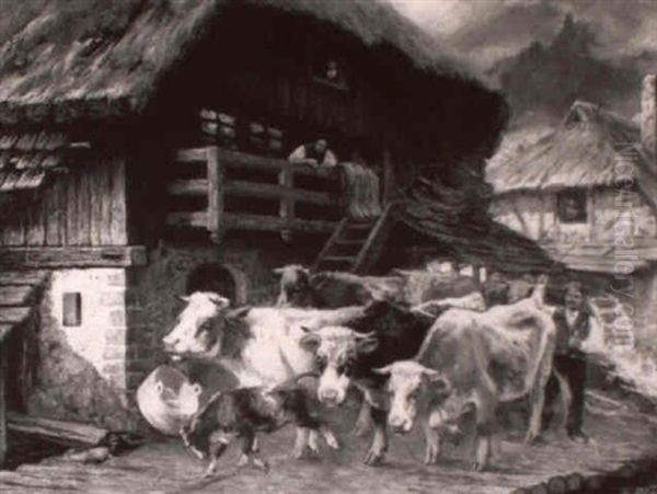 Village Scene With Cattle Being Driven Past The Mill - view 1