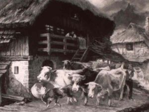 Village Scene With Cattle Being Driven Past The Mill by Karl Plock