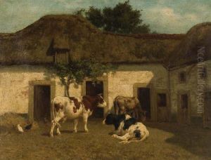 Koeien Op Zonnig Boerenerf by Hermanus Charles Christiaan Bogman