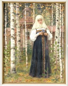 Junge Frau Beim Binden Eines Kleinen Blumenstrauses Inmitten Eines Birkenwaldes, Im Hintergrund Der Harmonischen Komposition Leuchtet Eine Kerze Durch Die Tur Ihres Hauses