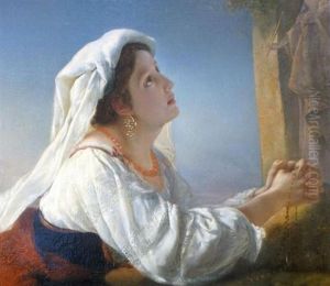 Young Woman In Adoration Of The Virgin Mary by Henri-Eugene Pluchart