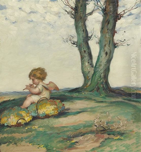 Kleiner Flotender Engel In Fruhlingslandschaft - view 1