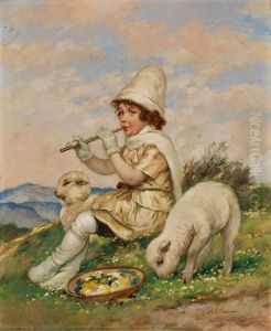 Bildnis Eines Kleinen Madchens Als Schaferin In Landschaft Zwischen Schafchen by Karl Plueckebaum
