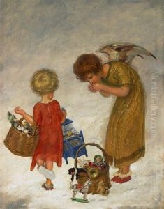 Die Bescherung. Zwei Kinder Bei Ihren Geschenken Im Tiefen Schnee by Karl Plueckebaum