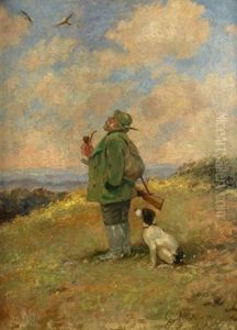 Auf Der Jagd. Waidmann Beobachtet Den Flug Zweier Schwalben