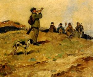 Rastende Jager In Herbstlicher Landschaft by Karl Plueckebaum