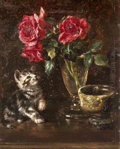 Katzchen Mit Rosenvase by Meta Plueckebaum