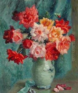 Stilleben Mit Prachtigen Rosen In Steingutvase by Meta Plueckebaum