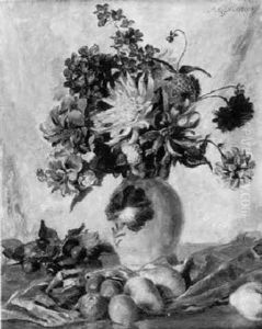 Stilleben Mit Fruchten Und Dahlien by Meta Plueckebaum