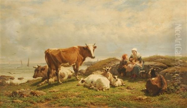 Bergers Et Troupeau En Bord De Mer - view 1