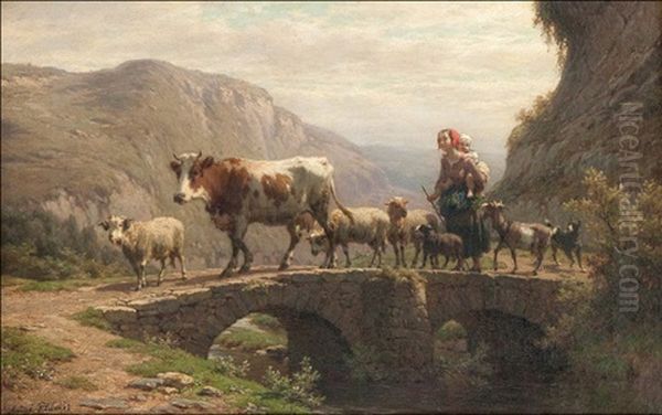 Paysage Accidente Avec Bergere Au Betail Traversant Un Pont En Pierre - view 1