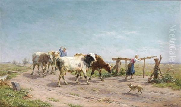 Couple De Paysans Avec Vaches Au Pre - view 1