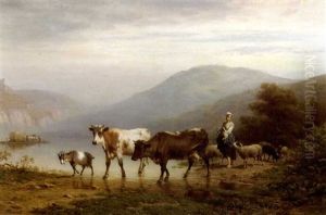 Bergere Et Troupeau Au Bord D'un Lac by Andre Plumot