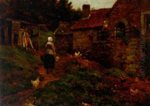 A Country Girl With Chickens Before A Farm by Andre Plumot