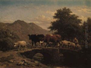 Cattle And Sheep Crossing A Bridge In A Landscape