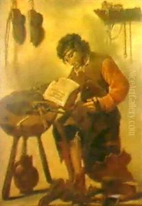 A Cobbler In His Workshop by Karel van der Pluym