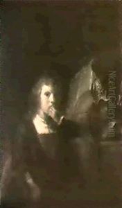 A Young Boy Leaing Against A Ledge On Which Is Arranged A Vanitas Still Life Of A Globe, A Bust And A Helmet by Karel van der Pluym