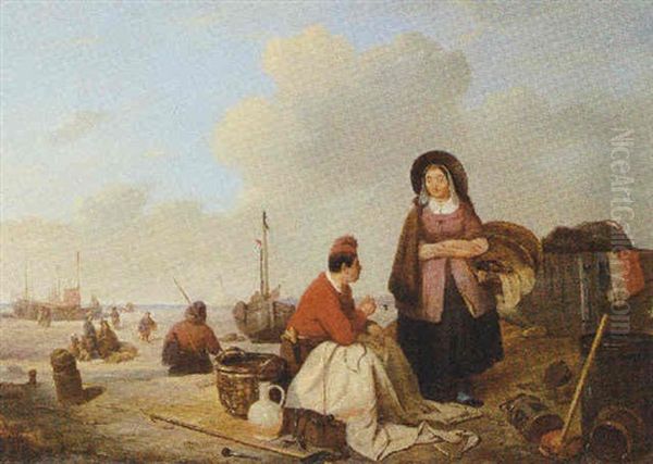 Fisherfolk On The Beach With Beached Pinks Along The Shore - view 1