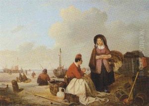 Fisherfolk On The Beach With Beached Pinks Along The Shore by Felix Louis Pluyms