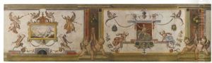 A Frieze With With Grotesques And Putti Flanking Panels With A Landscape And Neptune