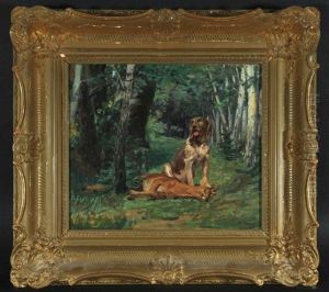 Jagdhund Mit Erlegtem Rehbock Im Wald