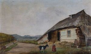 Dziewczynka Z Koza Przed Chata by Wladyslaw Pochwalski