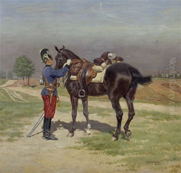 Kurassier Bei Seinem Pferd In Landschaft Mit Blick Auf Eine Alte Stadt - view 1