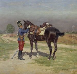 Kurassier Bei Seinem Pferd In Landschaft Mit Blick Auf Eine Alte Stadt Kurassier Bei Seinem Pferd In Landschaft Mit Blick Auf Eine Alte Stadt