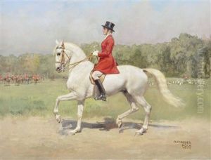 Dressurreiterin Und Fuchsjagdgesellschaft Im Hintergrund by Alexander Pock