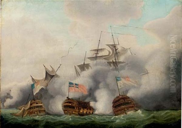 The "hms Brunswick" Engaging Two French Ships Off Ushant - view 1
