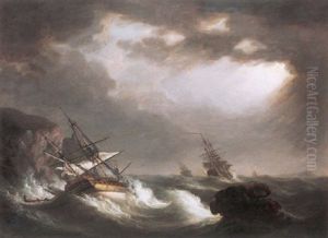 British Man-of-war In Rough Seas Off The Coast by Nicholas Pocock