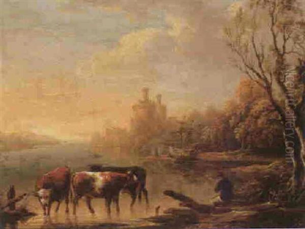 Cattle Watering At Sunset, A Castle Beyond - view 1